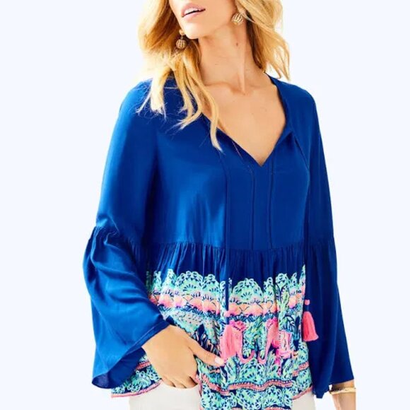 LILLY PULITZER Kahli Blue Long Bell Sleeve Top Size Small - Picture 1 of 5
